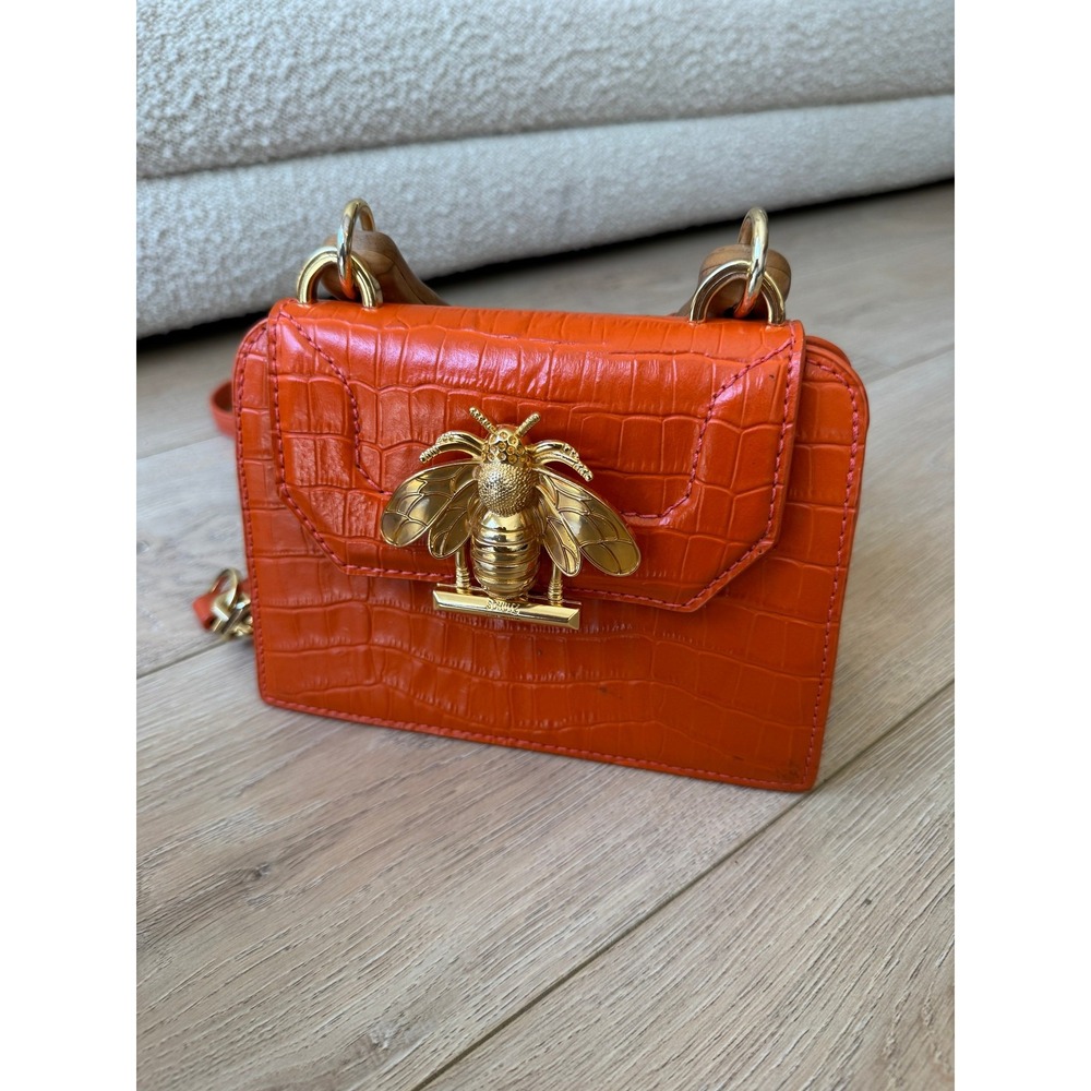Schutz Premium Orange Croc Embossed Leather Mini Bee Bag Wood Handle Crossbody